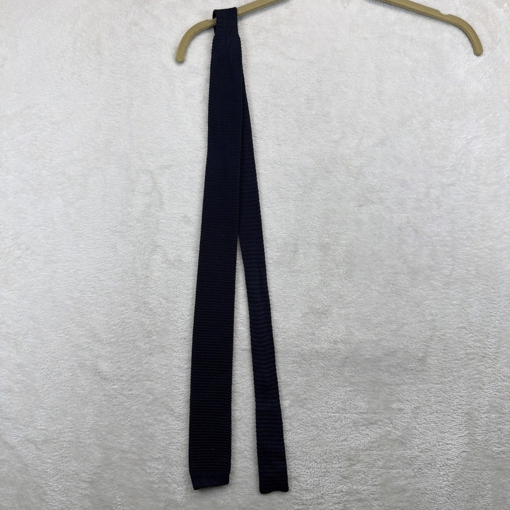 Tattersall Knit Tie Navy Blue Silk Men's Vintage Square End Necktie